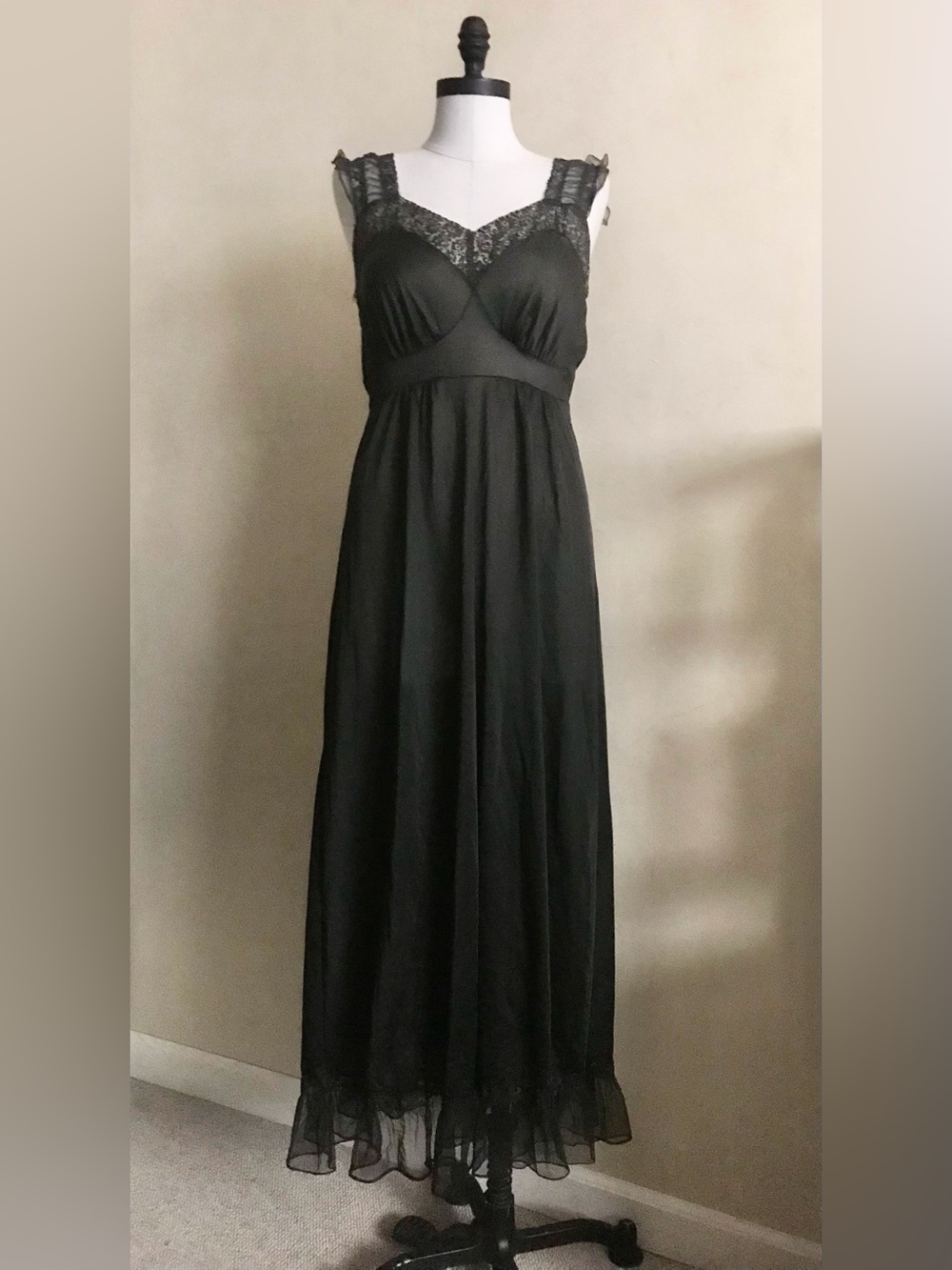 Vintage Black Lace - Trimmed Long Chemise